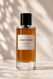 Perfume bottle labeled 'Amber Smoke' by Alamara on a neutral background