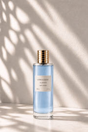 Bottle of Citrus Cedar body splash on a light background with shadows