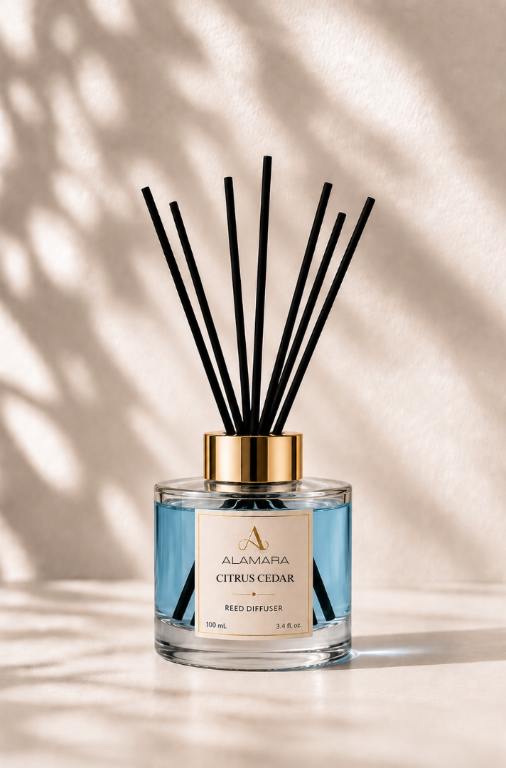 Reed diffuser with black sticks on a beige background