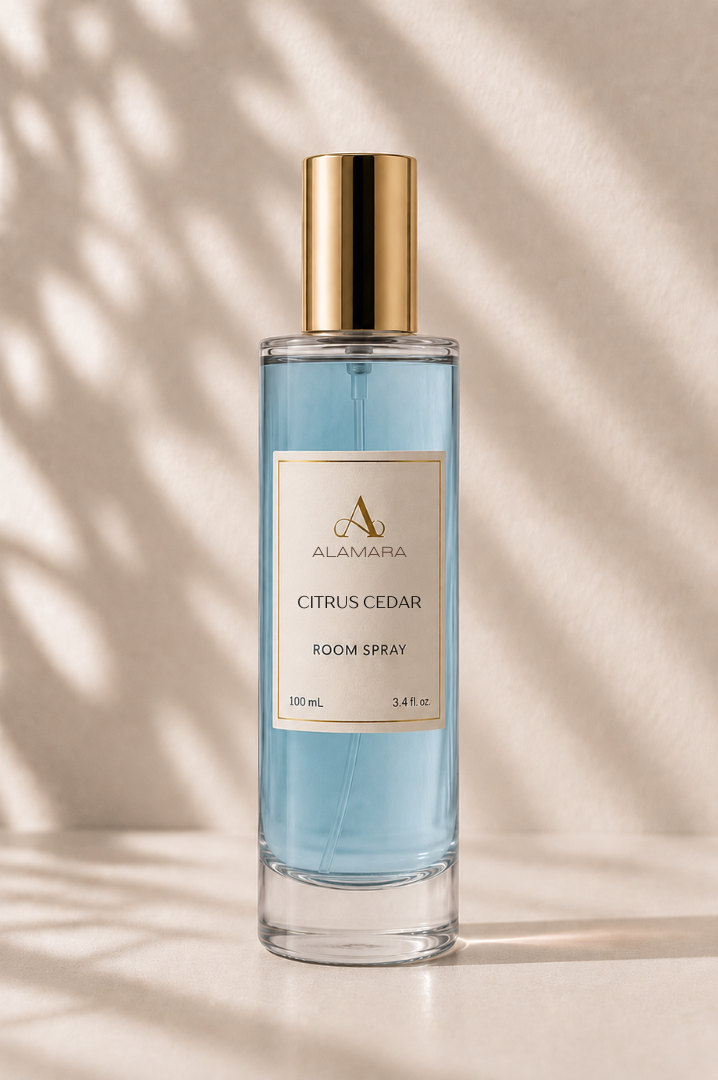 Bottle of Alamara Moonlight Serene room spray on a neutral background