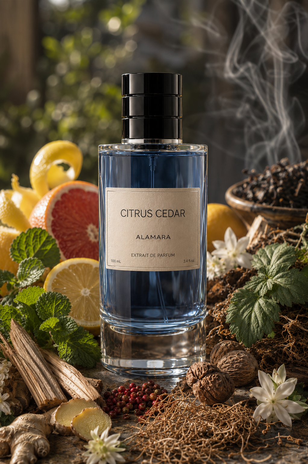 A bottle of Citrus Cedar Alamara perfume by Fragrance Direct, featuring a blue liquid in a clear glass bottle with a black cap, surrounded by citrus fruits, mint, wood, and herbs on a rustic background.