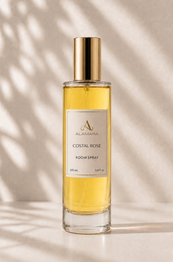 Room spray bottle labeled 'Costal Rose' by Alamara on a neutral background