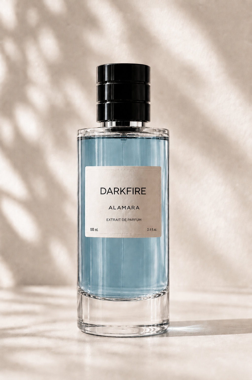 Perfume bottle labeled 'Darkfire Alamara' on a neutral background