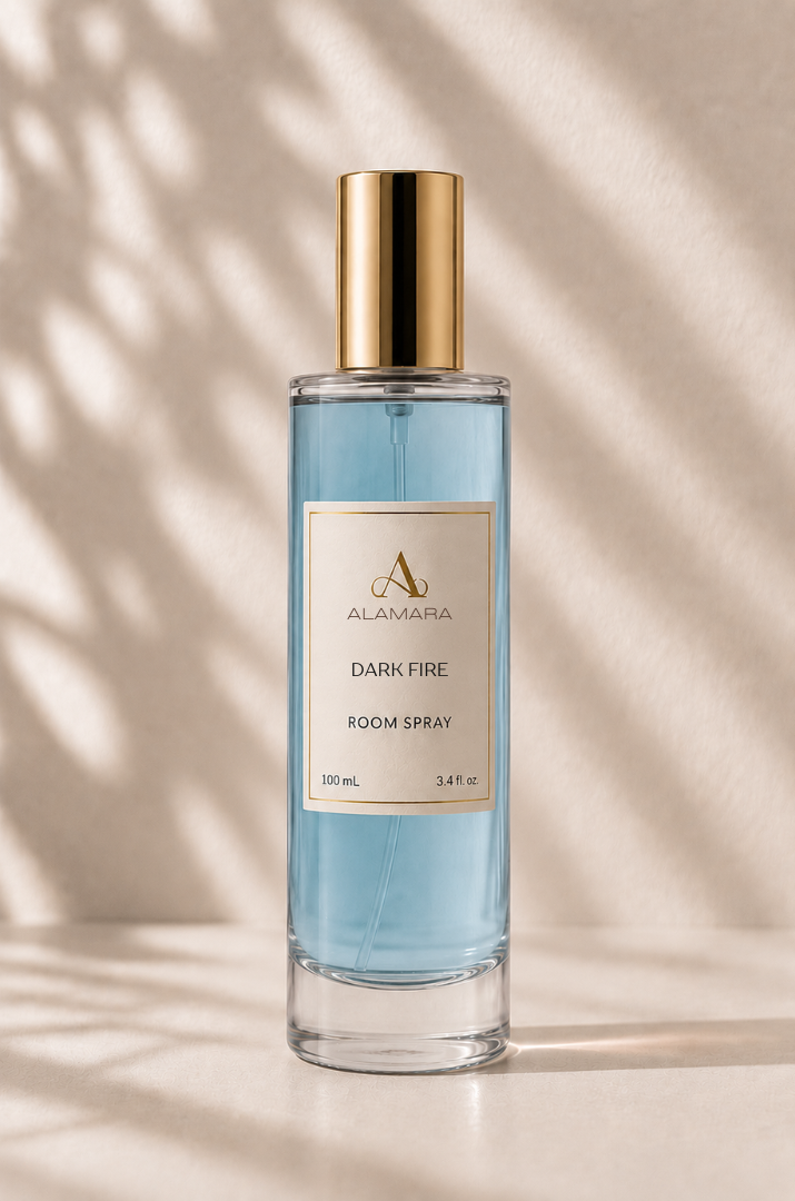 Bottle of Alamara Darkfire room spray on a neutral background