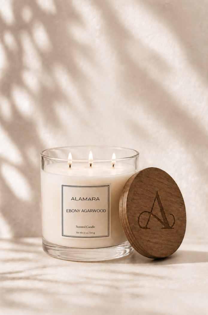 Candle with wooden lid on a neutral background