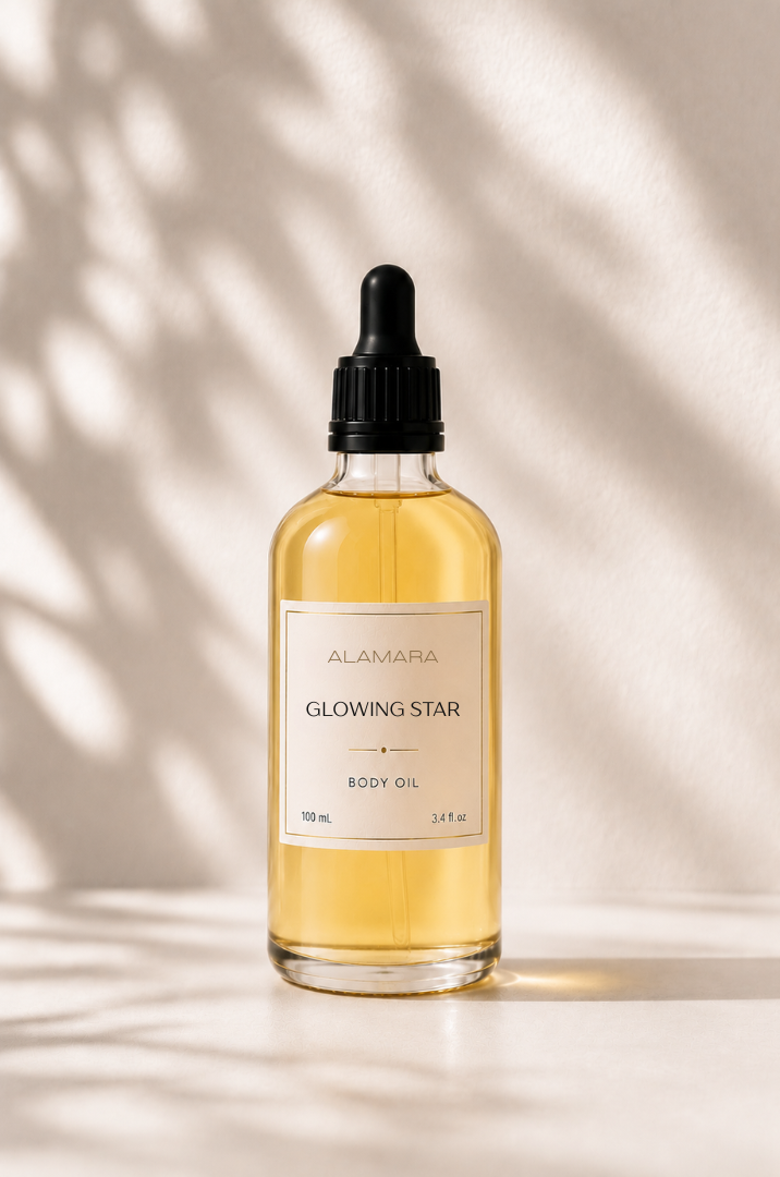 Bottle of Glowing Star Body Oil on a neutral background.