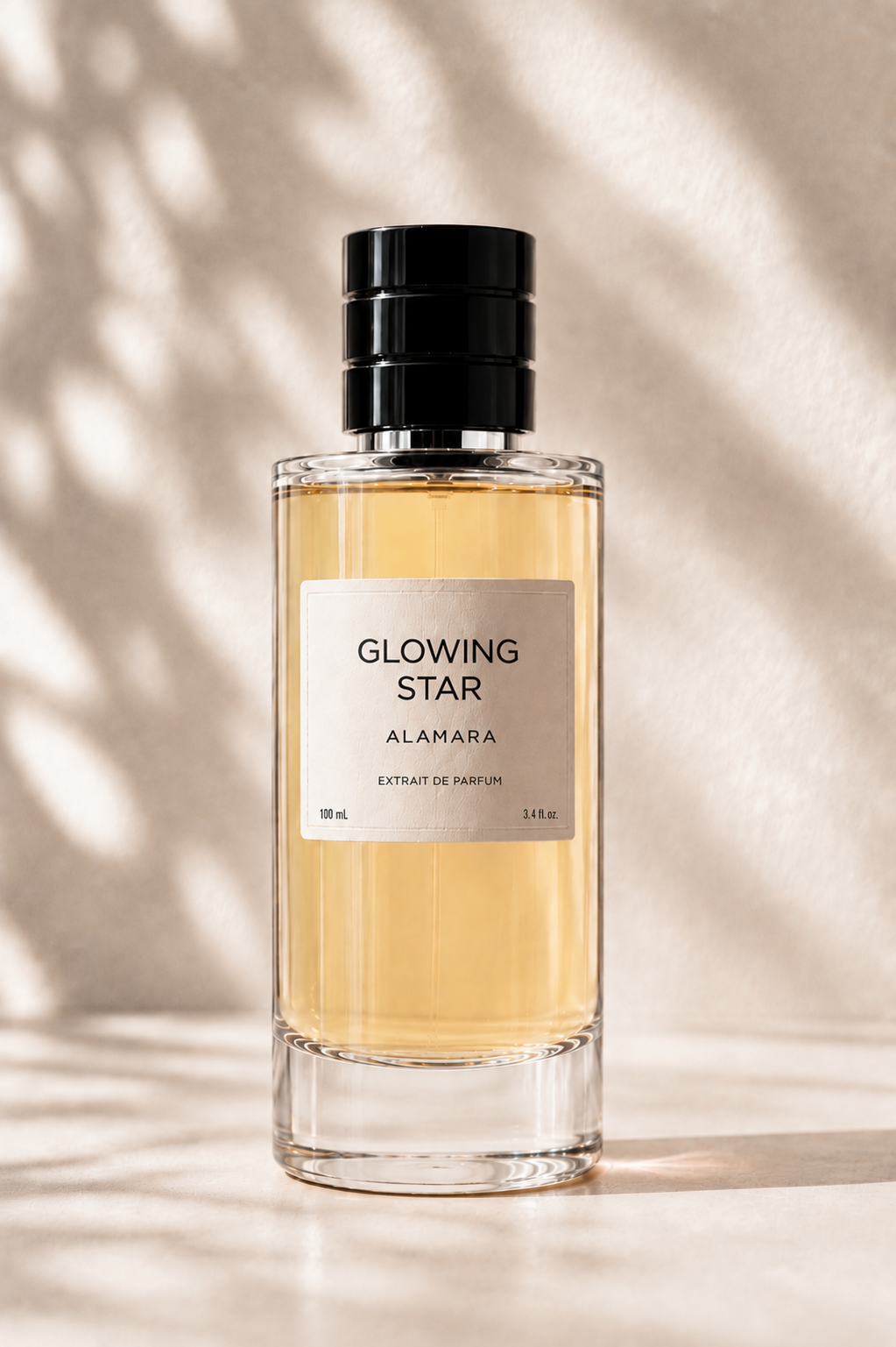 Perfume bottle labeled 'Glowing Star' by Alamara on a beige background with shadows.