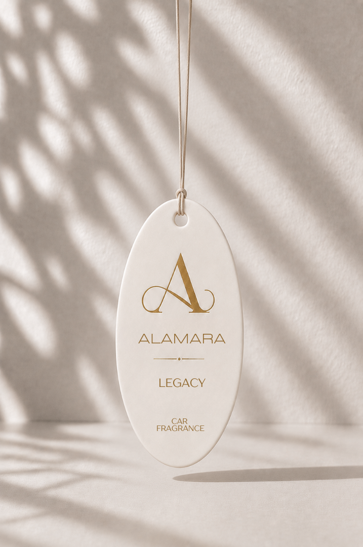 Oval-shaped 'Alamara Legacy' car fragrance hanging against a neutral background with leaf shadows.
