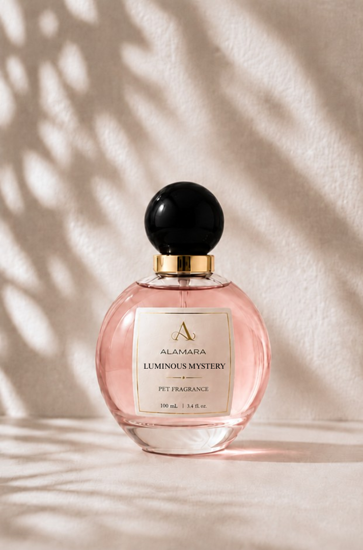 Perfume bottle with black cap and gold accents on a beige background