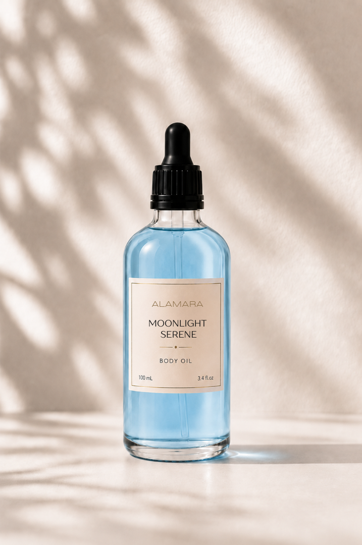 Bottle of 'Moonlight Serene' body oil with a label on a neutral background