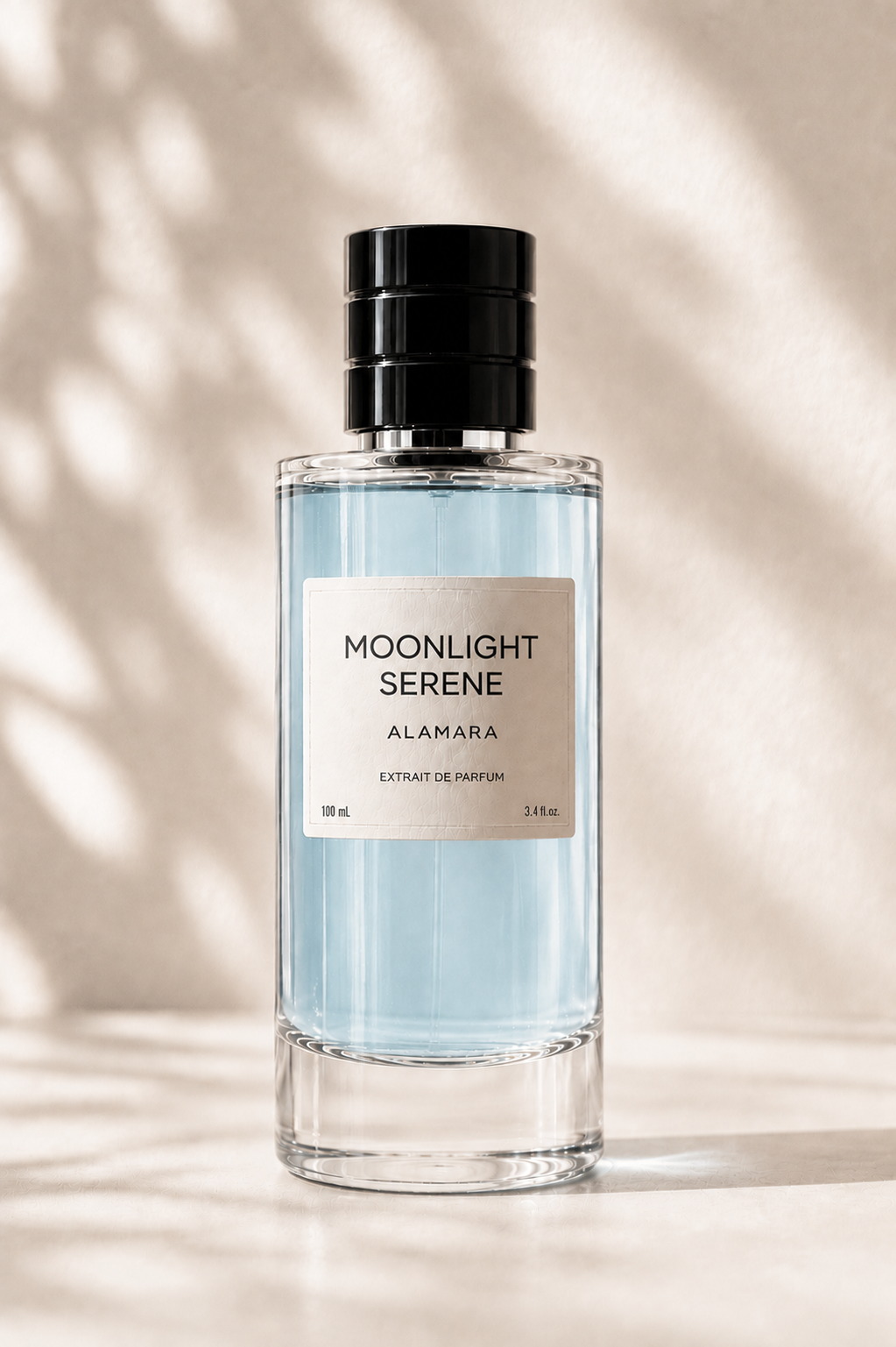 Perfume bottle labeled 'Moonlight Serene' by Alamara on a neutral background