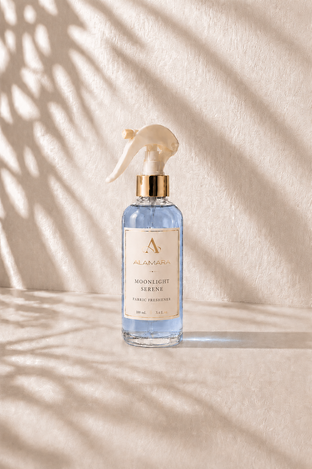 Spray bottle labeled 'Moonlight Lotion' on a beige background with shadow patterns
