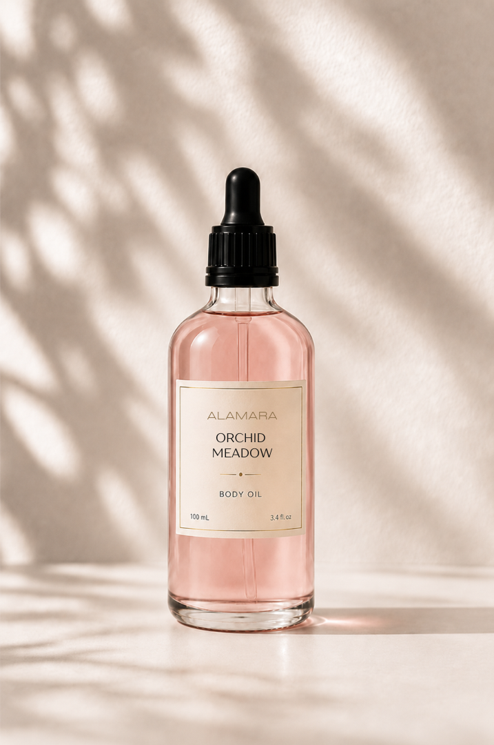 Bottle of Alamara Luminous Mystery body oil on a beige background with leaf shadows.