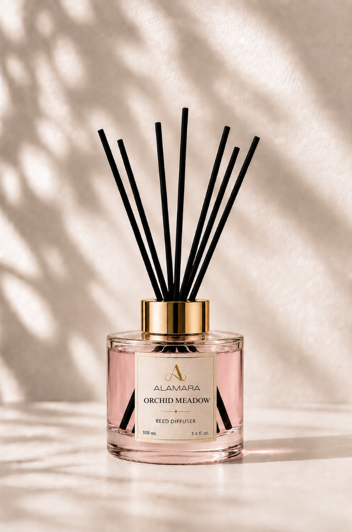 Reed diffuser with black sticks on a light background
