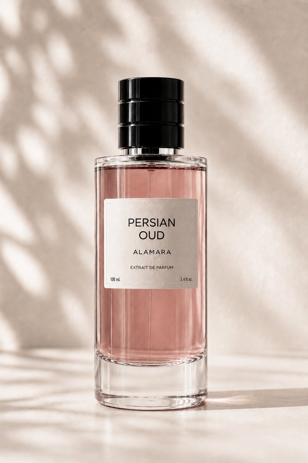 Perfume bottle labeled 'Persian Oud' by Alamara on a neutral background