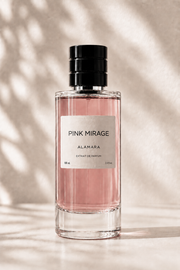 Perfume bottle labeled 'Pink Mirage' by Alamara on a neutral background