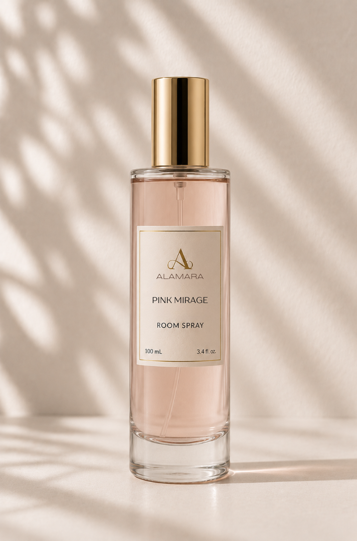 Room spray bottle labeled Pink Mirage by Alamara on a neutral background
