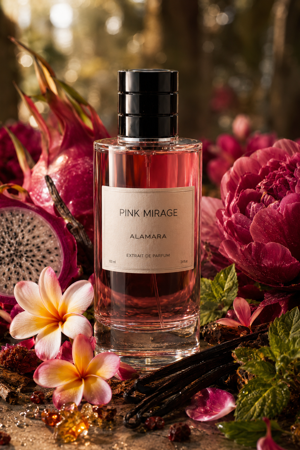 Pink Mirage Alamara extrait de parfum in a clear glass bottle with a black cap, surrounded by tropical flowers, dragon fruit, vanilla beans, and peonies.