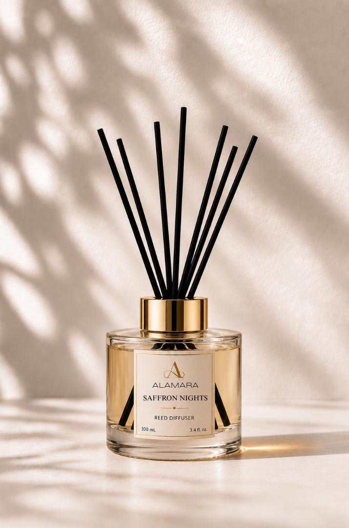 Reed diffuser with black sticks on a beige background