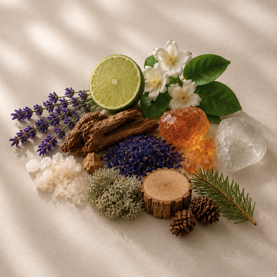 Collection of natural elements including a lime, flowers, herbs, and crystals on a textured surface.